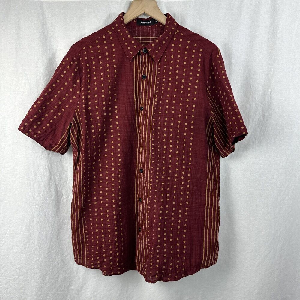 Vat Pave Red Geometric Print Short Sleeve Button Up Shirt Men’s Size L Casual